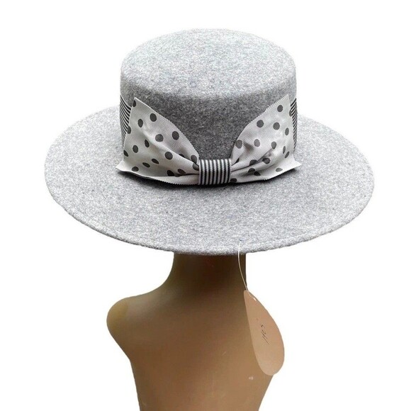 Vintage NOS Banash Boston Light Gray Wool Felt Fedora Hat Polka Dot  Bow US 7.5 main image 4